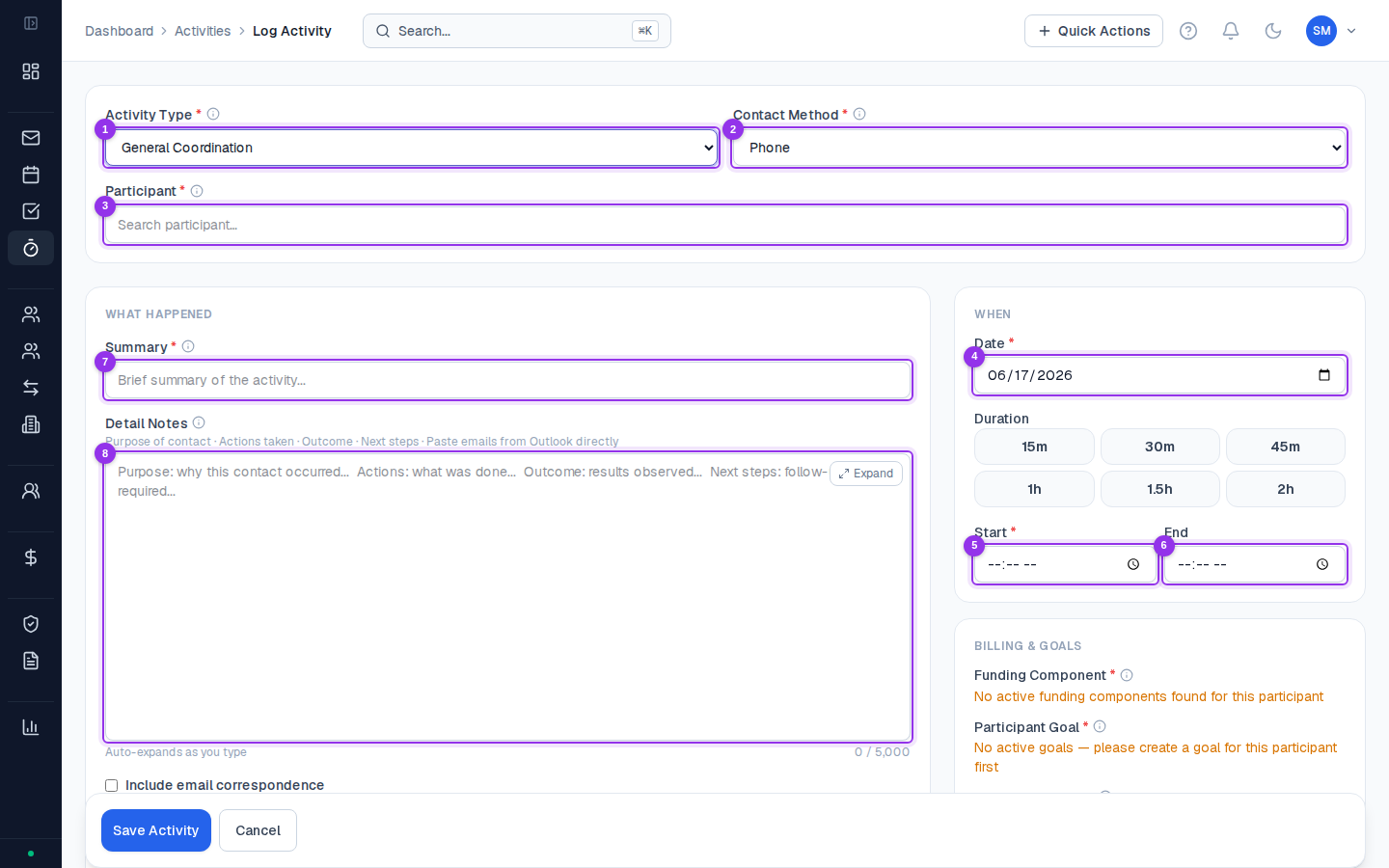 New activity form showing participant, date, time, support item, and case note fields